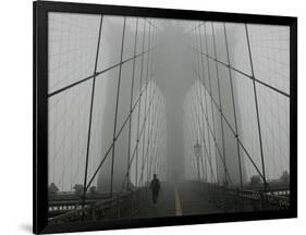 A Lone Runner Makes His Way Across the Fog-Shrouded Brooklyn Bridge Christmas Morning-null-Framed Photographic Print