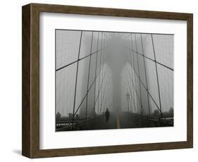 A Lone Runner Makes His Way Across the Fog-Shrouded Brooklyn Bridge Christmas Morning-null-Framed Photographic Print