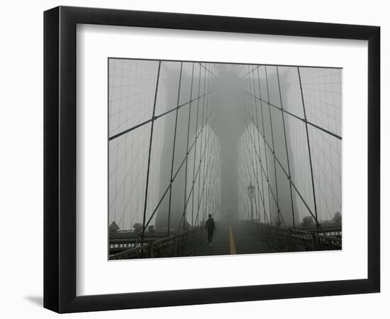 A Lone Runner Makes His Way Across the Fog-Shrouded Brooklyn Bridge Christmas Morning-null-Framed Photographic Print