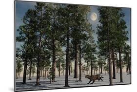A Lone Sabre-Tooth Tiger Running Through a Snow Covered Forest-null-Mounted Art Print