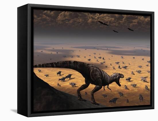 A Lone T. Rex Looks Down on a Large Herd of Triceratops-Stocktrek Images-Framed Stretched Canvas