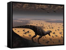A Lone T. Rex Looks Down on a Large Herd of Triceratops-Stocktrek Images-Framed Stretched Canvas