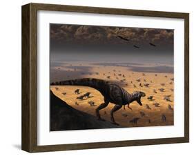 A Lone T. Rex Looks Down on a Large Herd of Triceratops-Stocktrek Images-Framed Photographic Print