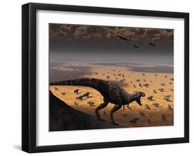 A Lone T. Rex Looks Down on a Large Herd of Triceratops-Stocktrek Images-Framed Photographic Print