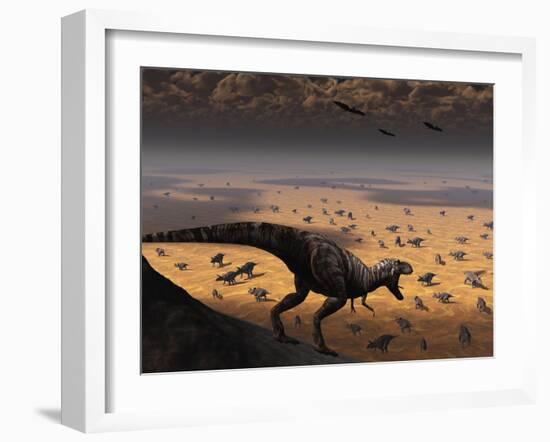 A Lone T. Rex Looks Down on a Large Herd of Triceratops-Stocktrek Images-Framed Photographic Print