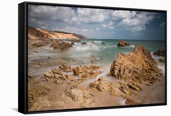 A Long Exposure During the Day by the Rock Formations Near Pedra Furada, Jericoacoara, Brazil-Alex Saberi-Framed Stretched Canvas