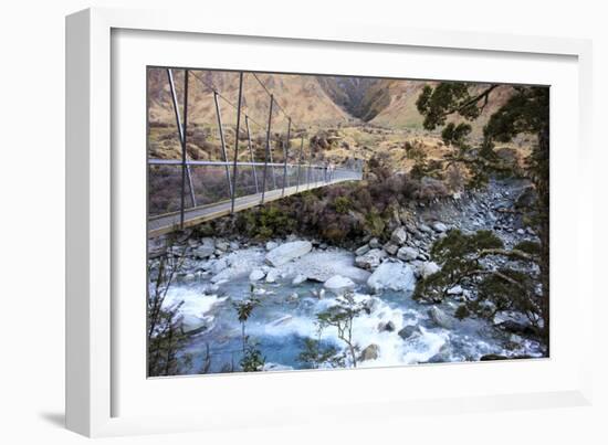 A Long Suspension Bridge over a River on the Fox Glacier Track, Wanaka, South Island, New Zealand-Paul Dymond-Framed Photographic Print