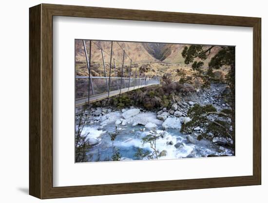 A Long Suspension Bridge over a River on the Fox Glacier Track, Wanaka, South Island, New Zealand-Paul Dymond-Framed Photographic Print