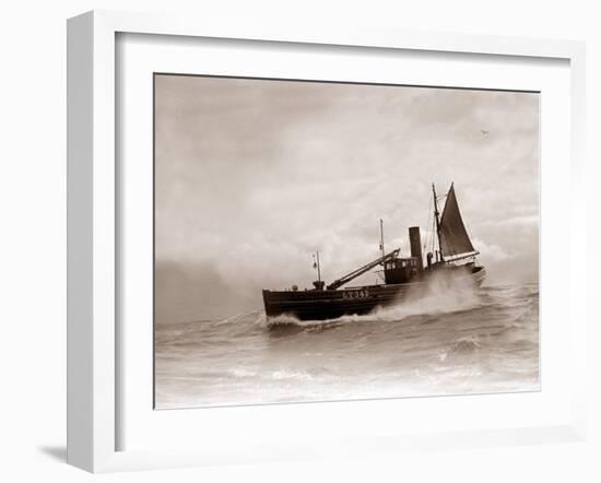 A Lowestoft Herring Boat Ploughing Through a Moderate Swell in the North Sea, 1935-null-Framed Photographic Print