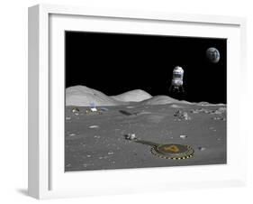 A Lunar Shuttle Descends Toward a Manned Outpost on the Moon-Stocktrek Images-Framed Photographic Print