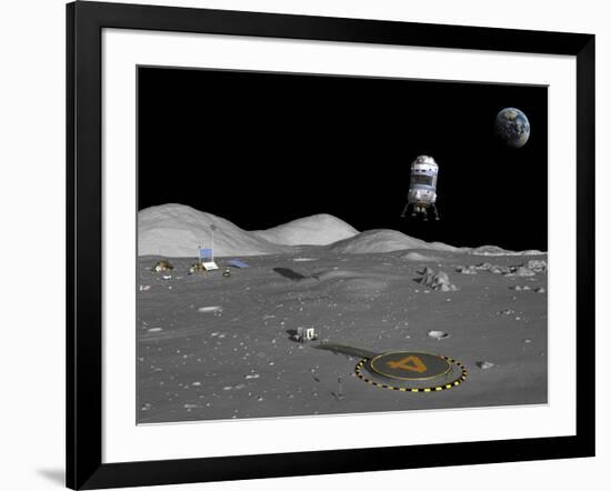 A Lunar Shuttle Descends Toward a Manned Outpost on the Moon-Stocktrek Images-Framed Photographic Print