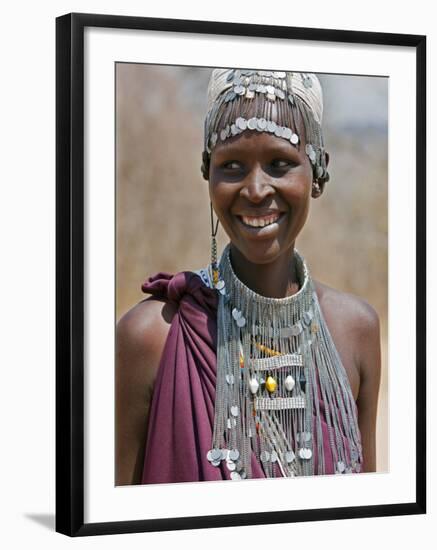 A Maasai Girl from the Kisongo Clan Wearing an Attractive Beaded Headband and Necklace-Nigel Pavitt-Framed Photographic Print