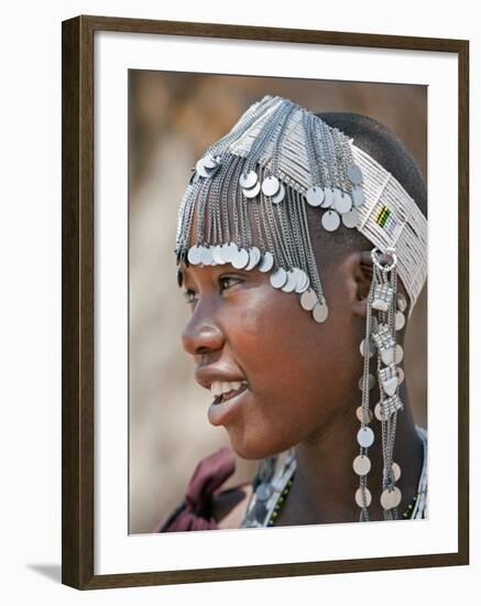 A Maasai Girl from the Kisongo Clan Wearing an Attractive Beaded Headband-Nigel Pavitt-Framed Photographic Print