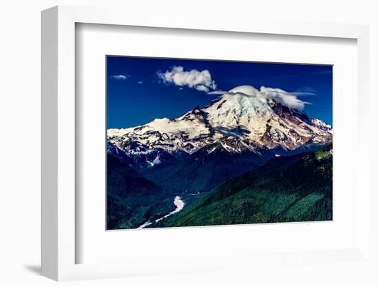 A Majestic Wide Angle View of Snow Capped Mount Rainier and a Deep River Valley-Richard McMillin-Framed Photographic Print