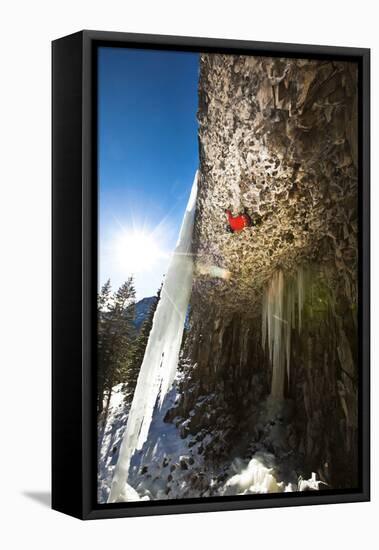 A Male Climber on the 30-Foot Horizontal Roof Route in the Bingo Cave at Hyalite Canyon in Montana-Ben Herndon-Framed Stretched Canvas