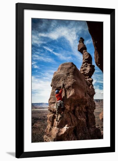A Male Climber on the Third Pitch of Classic Tower Climb Ancient Art, Fisher Towers, Moab, Utah-Dan Holz-Framed Photographic Print