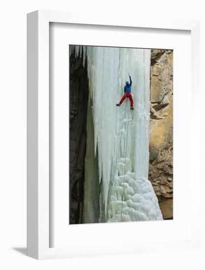 A Male Ice Climber Climbing the 6th Pitch of Broken Hearts, (Wi5), Cody Wyoming-Daniel Gambino-Framed Photographic Print