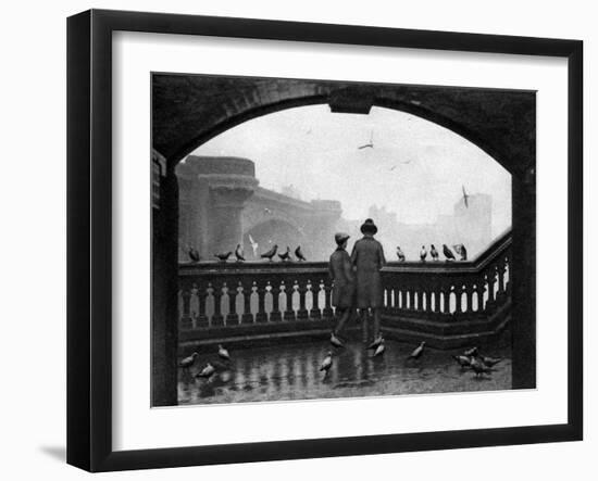 A Man and a Boy Feeding the Birds by Blackfriars Bridge, London, 1926-1927-null-Framed Giclee Print