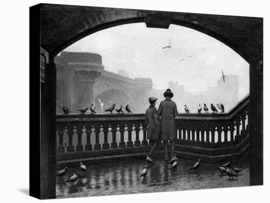A Man and a Boy Feeding the Birds by Blackfriars Bridge, London, 1926-1927-null-Stretched Canvas