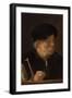 A Man, Bust-Length, Holding a Cane and His Spectacles, by a Wooden Ledge (Oil on Panel)-Karel van der Pluym-Framed Giclee Print