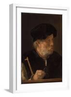 A Man, Bust-Length, Holding a Cane and His Spectacles, by a Wooden Ledge (Oil on Panel)-Karel van der Pluym-Framed Giclee Print