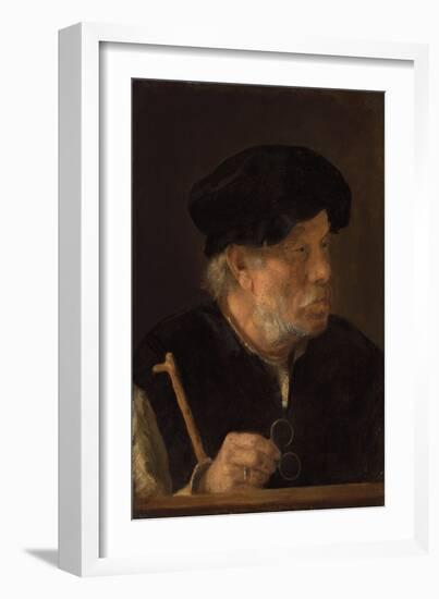 A Man, Bust-Length, Holding a Cane and His Spectacles, by a Wooden Ledge (Oil on Panel)-Karel van der Pluym-Framed Giclee Print