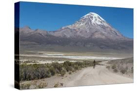 A Man Cycles in the Shadow of Sajama Volcano in Sajama National Park-Alex Saberi-Stretched Canvas
