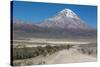 A Man Cycles in the Shadow of Sajama Volcano in Sajama National Park-Alex Saberi-Stretched Canvas