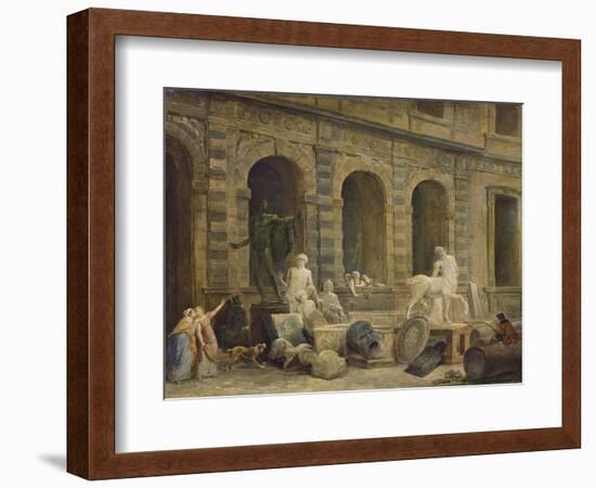 A Man Drawing Antiques in Front of the Petite Galerie of the Louvre, 1781-Hubert Robert-Framed Giclee Print