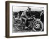 A Man Dressed in Leathers on a Harley-Davidson-null-Framed Photographic Print