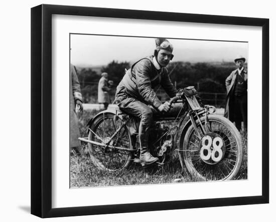 A Man Dressed in Leathers on a Harley-Davidson-null-Framed Photographic Print