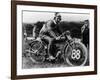 A Man Dressed in Leathers on a Harley-Davidson-null-Framed Photographic Print