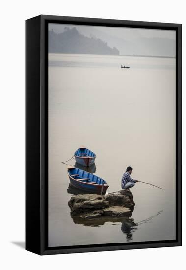 A Man Fishing on Phewa Tal (Phewa Lake), Pokhara, Nepal, Asia-Andrew Taylor-Framed Stretched Canvas