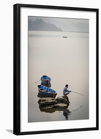 A Man Fishing on Phewa Tal (Phewa Lake), Pokhara, Nepal, Asia-Andrew Taylor-Framed Photographic Print