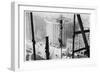 A Man Hangs Precariously from a Line During the Construction of a Skyscraper in New York-null-Framed Photographic Print