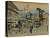 A Man Rises from His Horse in Front of a Teahouse, Where a Barmaid He Awaits-Utagawa Hiroshige-Stretched Canvas