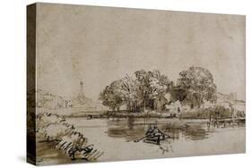 A Man Sculling a Boat on the Bullewijk, with a View Toward Ouderkerk, C.1650-Rembrandt van Rijn-Stretched Canvas