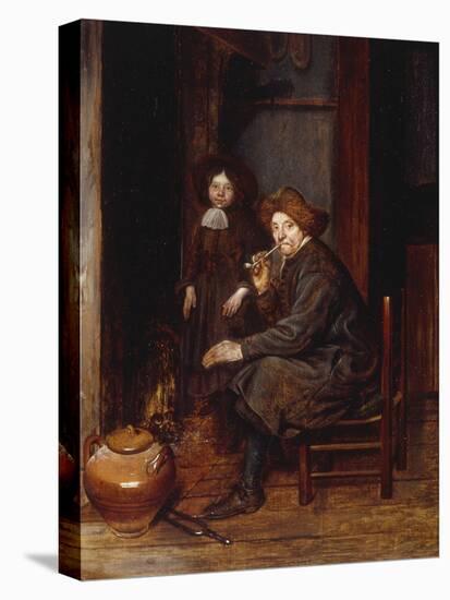 A Man Seated before a Fire Smoking a Pipe, with a Young Boy Standing Nearby-Esaias Boursse-Stretched Canvas