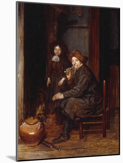 A Man Seated before a Fire Smoking a Pipe, with a Young Boy Standing Nearby-Esaias Boursse-Mounted Giclee Print