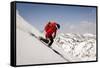 A Man Ski Drops into the Heel in the Wasatch Mountains, Utah-Louis Arevalo-Framed Stretched Canvas