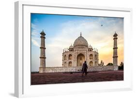 A Man Stands In Fron To F The Taj Mahal With Bird In Flight-Lindsay Daniels-Framed Photographic Print