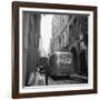 A Man Walks His Dog Beside a Bus with Coca Cola Advertisement, France, 1950-Mark Kauffman-Framed Photographic Print