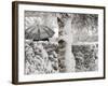 A Man with a Umbrella Walks by Snowy Trees During Heavy Snowfall-null-Framed Photographic Print