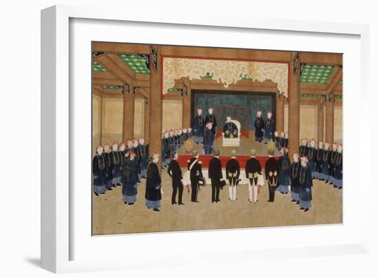 A Mandarin Receiving an Embassy of European Diplomats at His Court-Zhou Pei Chun-Framed Giclee Print