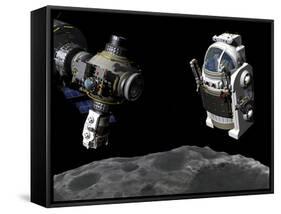 A Manned Maneuvering Vehicle Prepares to Descend to the Surface of a Small Asteroid-Stocktrek Images-Framed Stretched Canvas