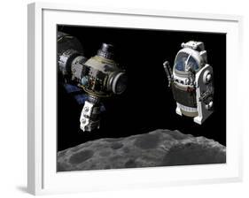 A Manned Maneuvering Vehicle Prepares to Descend to the Surface of a Small Asteroid-Stocktrek Images-Framed Photographic Print