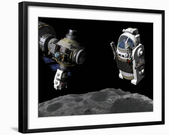 A Manned Maneuvering Vehicle Prepares to Descend to the Surface of a Small Asteroid-Stocktrek Images-Framed Photographic Print