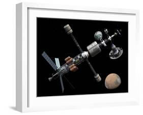 A Manned Mars Cycler Space Station Approaches the Planet Mars-Stocktrek Images-Framed Photographic Print