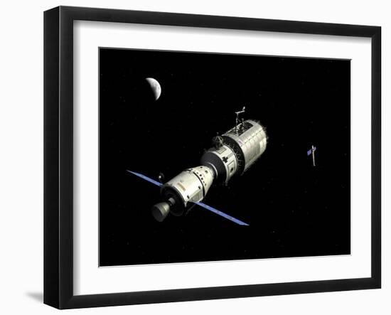 A Manned Orbital Maintenance Platform Approaches the Chandra X-Ray Observatory-Stocktrek Images-Framed Art Print