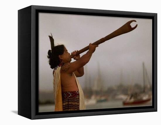 A Maori Warrior Calls Across Auckland-null-Framed Stretched Canvas